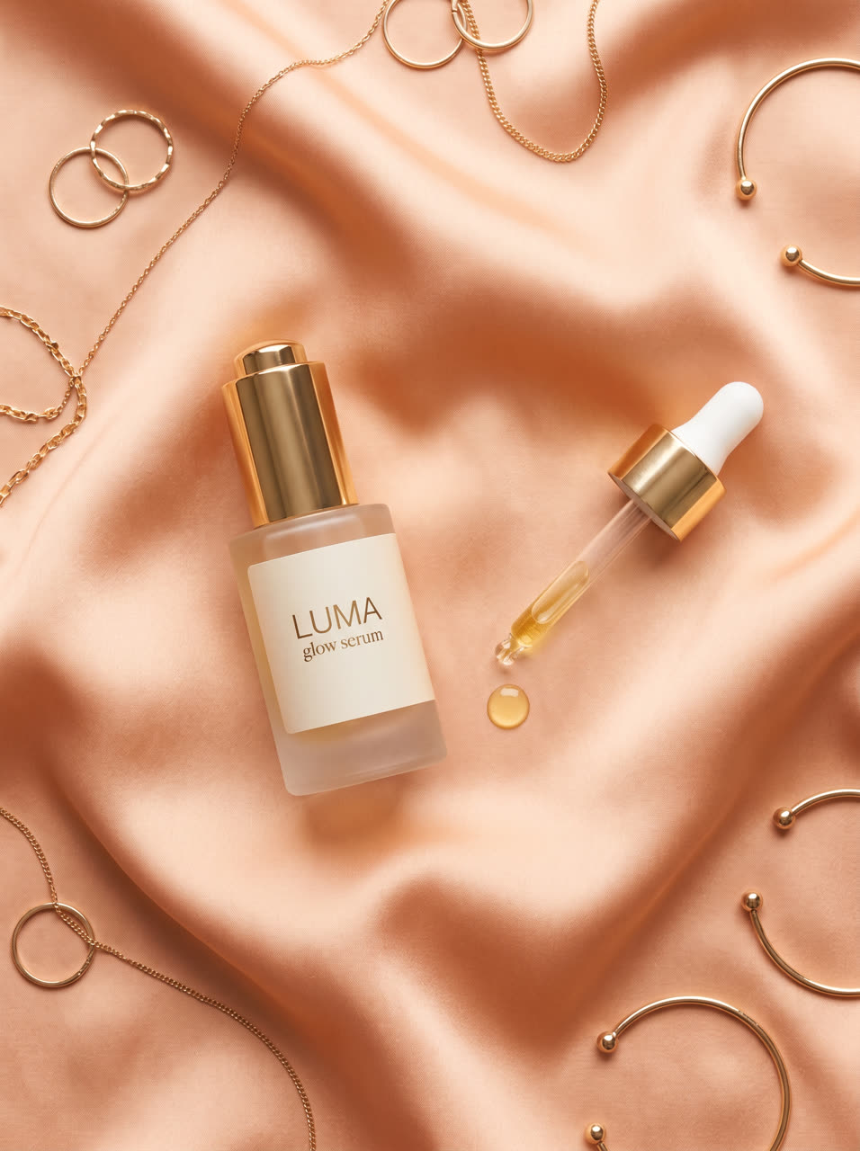 LUMA serum flat lay on peach silk