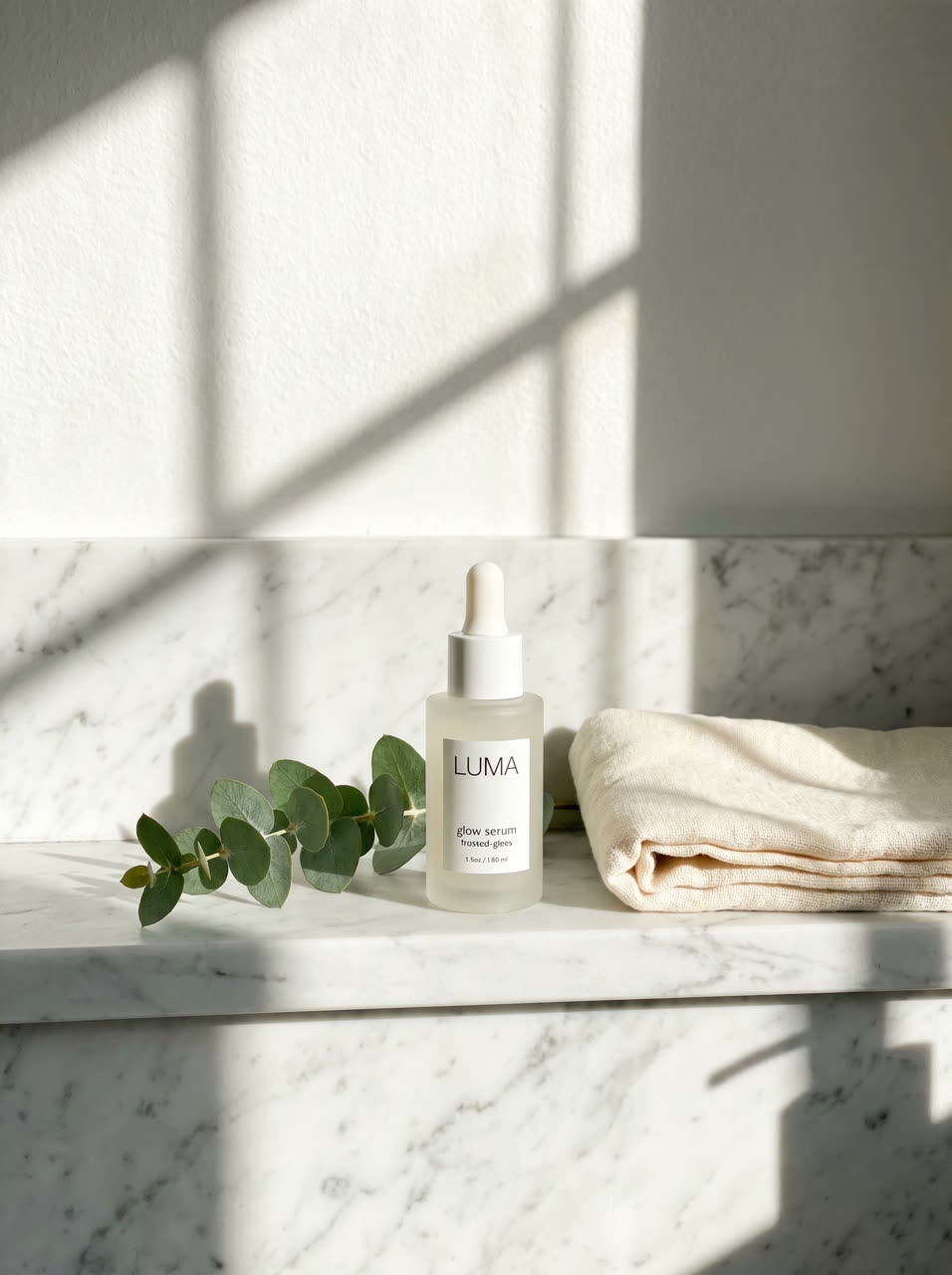LUMA serum on a marble bathroom shelf